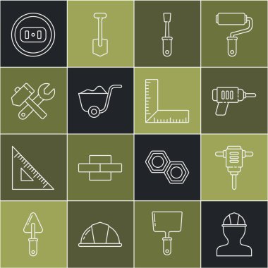 Hat güvenliği kaskı elektrikli döner çekiç matkabı tornavida çekiç anahtar anahtarı anahtarı anahtarı prizi ve köşe cetvel ikonu. Vektör.