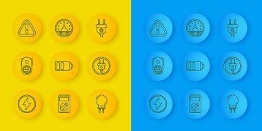 Işıklandırma hattı elektrik akım seviyesi göstergesini ayarla. Diyot tapa ünlem üçgeni ve Ampere metre multimetre voltmetre ikonu yayıyor. Vektör.