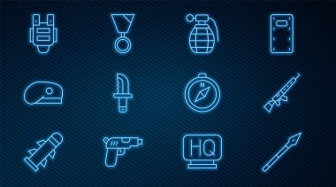 Ortaçağ mızrak nişancısı tüfeği, dürbünlü el bombası, askeri bıçak, kurşun geçirmez yelek, pusula ve madalya ikonu. Vektör.