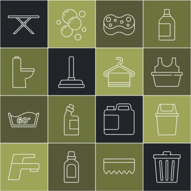 Çöp tenekesini gömlekli Sponge Rubber lavabo pompası ütü tahtası ve havlu asma ikonu ile ayarla. Vektör.