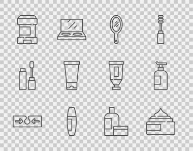 Sivilce kremi ya da losyon kozmetik tüp aynası aynası Mascara fırça antiterletici deodorant rulo ve ikon. Vektör.