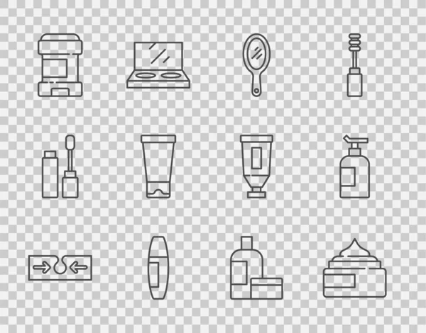 Sivilce kremi ya da losyon kozmetik tüp aynası aynası Mascara fırça antiterletici deodorant rulo ve ikon. Vektör.