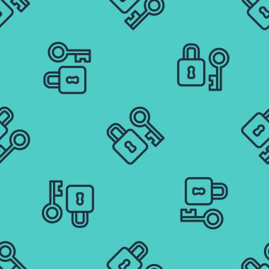 Yeşil arkaplanda anahtar simgesi izole edilmiş siyah çizgi kilidi. Aşk sembolü ve anahtar deliği işareti. Vektör.