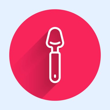 Beyaz çizgi kaşık simgesi uzun gölge arkaplanı ile izole edildi. Mutfak aletleri. Çatal bıçak seti. Kırmızı daire düğmesi. Vektör.