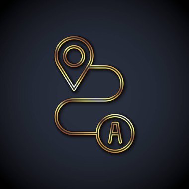 Altın çizgili rota konumu simgesi siyah arkaplanda izole edildi. Harita işaretçisi işareti. Yol ya da yol kavramı. GPS navigatörü. Vektör.