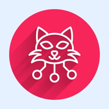 Beyaz çizgi NFT Dijital Şifreleme Sanatı simgesi uzun gölge arkaplanı ile izole edildi. Para iadesi olmayan jeton. Kırmızı daire düğmesi. Vektör.