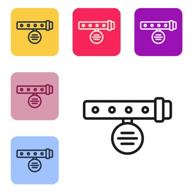 Beyaz arkaplanda isim etiketi simgesi olan siyah çizgi tasması. Evcil hayvanlar için basit malzemeler. Kedi köpek bakımı. Evcil hayvan zincirleri. Renkli kare düğmelerle simgeleri ayarla. Vektör.