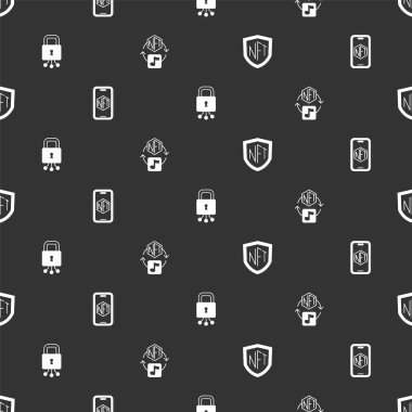NFT Mobil Kalkan Mobil 'i siber güvenlik uygulaması ve dijital kripto ile kusursuz şablona ayarla. Vektör.