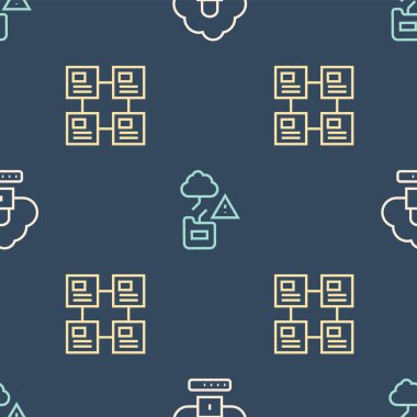 Hiyerarşi organogram şeması ve teknoloji veri transferini kusursuz şablona ayarlayın. Vektör.
