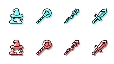 Sihirli değnek, cadı, değnek ve ortaçağ kılıç ikonu. Vektör.