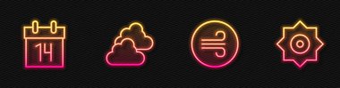Çizgiyi Rüzgarlı Hava Takvimi Bulutlu ve Kayan Yıldız 'a ayarla. Parlayan neon ikonu. Vektör.