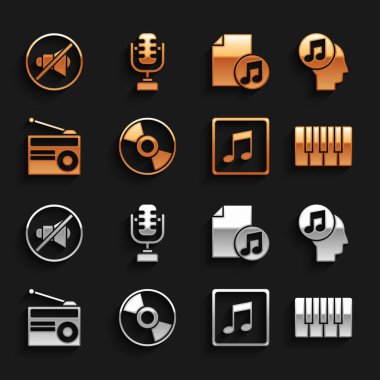 CD veya DVD CD CD CD notasını insan kafası sentezleyici nota notası radyo anten kitabı sözcüsü dilsiz ve mikrofon simgesi ile ayarla. Vektör.