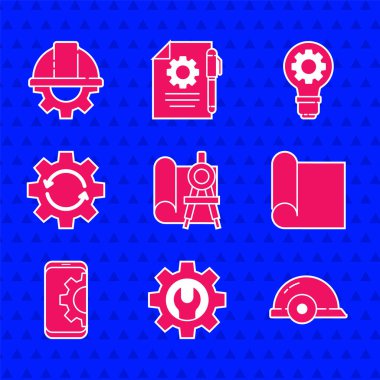 Grafik kâğıdı ve pusula anahtarlık takımını mühendislik kaskı olarak akıllı telefon dişli okları çalışma ampulü ve simgesine ayarlayın. Vektör.