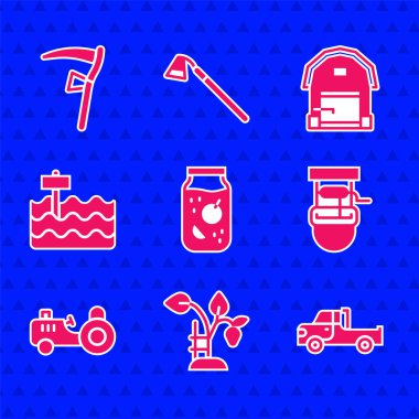 Reçel kavanozu, çilek kamyoneti kova, traktör bahçesi, çiftlik evi ve Scythe ikonu. Vektör.