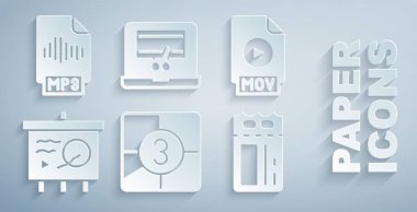 Eski film gerisayımı çerçevesi MOV dosya dökümanını yazı tahtası Cinema bilet kayıt dizüstü bilgisayarı ve MP3 simgesi üzerinde ayarla. Vektör.