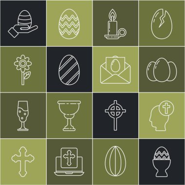 Paskalya yumurtasını bir standın üzerine koyun insan kafası ile Hıristiyan haçı yumurtaları mum yakma, çiçek el Paskalyası ve tebrik kartı ikonu. Vektör.