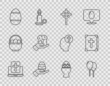 Dizüstü bilgisayar ekranında Hristiyan haçı insan eli ve Paskalya yumurtası pasta standı ve kutsal İncil ikonu olan çizgiler belirle. Vektör.