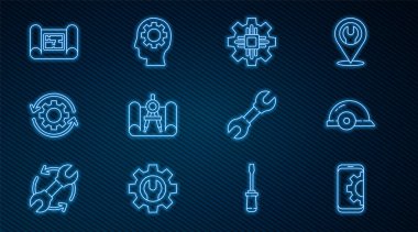 Akıllı telefon işçi kaskı işlemci kağıt ve pusula dişli okları iş akışı ev anahtarı anahtarı ve ikon içinde teçhizat olan insan kafası ayarlanıyor. Vektör.