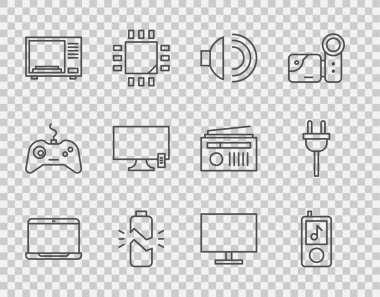 Dizüstü bilgisayarın müzik çalıcısı Hoparlör hacmini ayarla bozuk batarya mikrodalga fırın akıllı TV monitör ekranı ve elektrik prizi simgesi. Vektör.