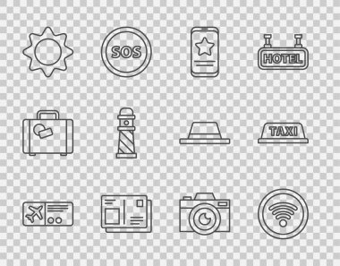 Wi-Fi kablosuz internet ağı Mobil 'i, Pasaport vizesi damgalı Sun Lighthouse fotoğraf makinesi ve Taksi arabasının çatı simgesiyle ayarla. Vektör.