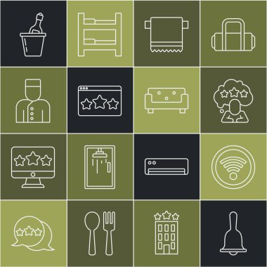 Otel servis zilini ayarlayın kablosuz kablosuz beş yıldızlı değerlendirme Havlu askıda asılı şampanya kovası ve kanepe ikonu. Vektör.