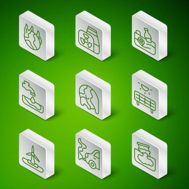 Fıçı yağı sızıntısını ayarlayın. Küresel ısınma yangın suyu egzozu. Nükleer enerji santrali rüzgar türbini ve güneş enerjisi ikonu. Vektör.