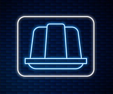 Parlayan neon hattı jöleli pasta ikonu tuğla duvar arkasında izole edilmiş. Jöleli puding. Vektör.