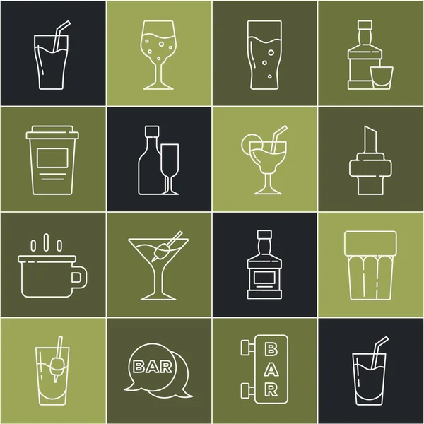 Set Linie Cocktailglas Mit Wasser Holzkorken Für Bier Weinflaschenglas Kaffeetasse — Stockvektor