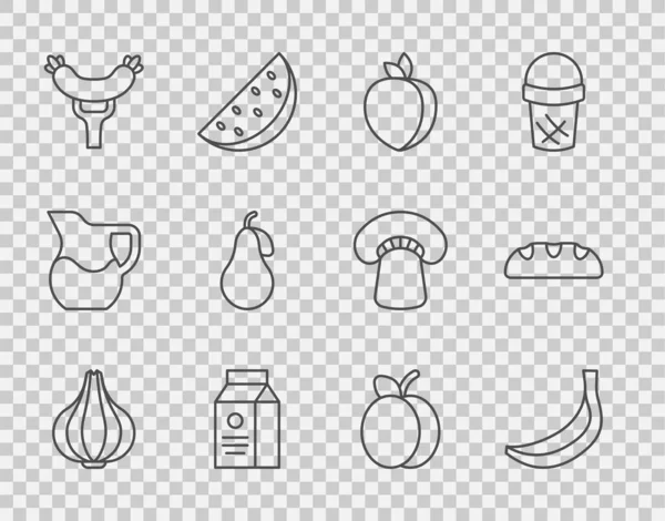 在叉子梨子和面包面包图标上设置系列大蒜香蕉李子果肉包 用于牛奶香肠 — 图库矢量图片