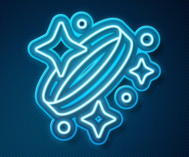 Parlayan neon hattı elmas nişan yüzüğü ikonu mavi arka planda izole edildi. Vektör.