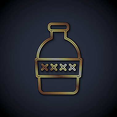 Siyah arka planda izole edilmiş altın çizgili su ikonu şişesi. Soda su içme tabelası. Vektör.