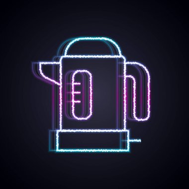 Parlayan neon hattı elektrik ısıtıcısı simgesi siyah arkaplanda izole edildi. Çaydanlık ikonu. Vektör.