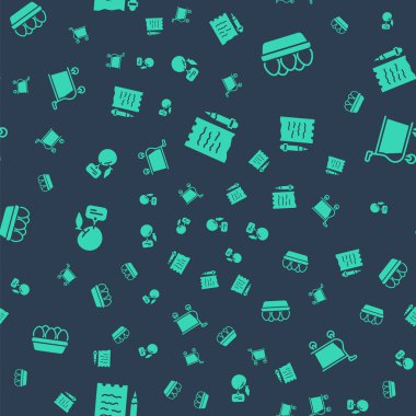 Alış veriş listesi, kalem, tavuk yumurtası kutusu, fiyat etiketli süpermarket ürünleri ve kusursuz desenli el arabası. Vektör.