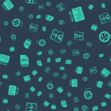 Gimbal dengeleyicisini kamera, senaryo, MP3 dosya belgesi ve film makarasını kusursuz desenli ayarla. Vektör.