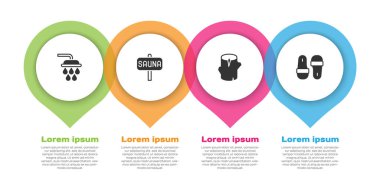 Duş Saunası Ahşap kütüğü ve terlikleri ayarla. Ticari bilgi şablonu. Vektör.