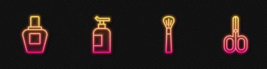 Makyaj fırçası, parfüm, krem ya da losyon kozmetik tüpü ve makas ayarlayın. Parlayan neon ikonu. Vektör.
