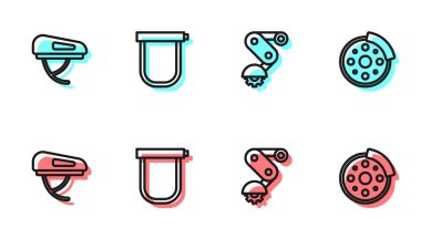 Raylı bisiklet arka, bisiklet kaskı, kilit ve fren diski simgesi ayarla. Vektör.