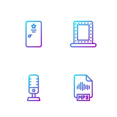 MP3 dosya belgesi, mikrofon, sahne arkası ve ışıklandırmalı makyaj aynası ayarla. Renk simgeleri. Vektör.