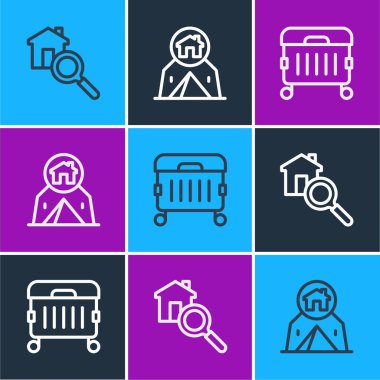 Çöp tenekesi ve turist çadırı simgesi. Vektör.