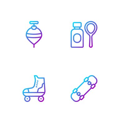 Kaykay pisti, buz pateni oyuncağı ve sabun köpüğü şişesi. Renk simgeleri. Vektör.