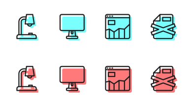 Çizgi grafiği bilgi tablosu lambası bilgisayar monitörünü ayarla ve dosya belgesi simgesini sil. Vektör.