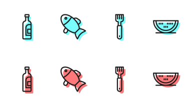 Çatal Şişe Şarabı Balık ve Karpuz ikonu. Vektör.