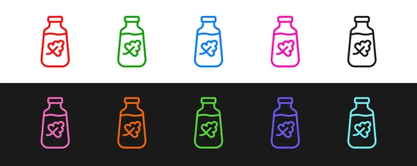 Set Line Essentiële Olie Fles Pictogram Geïsoleerd Zwart Wit Achtergrond — Stockvector