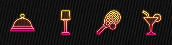 设置线网球拍与球覆盖托盘食物台灯和鸡尾酒 发光的霓虹灯图标 — 图库矢量图片