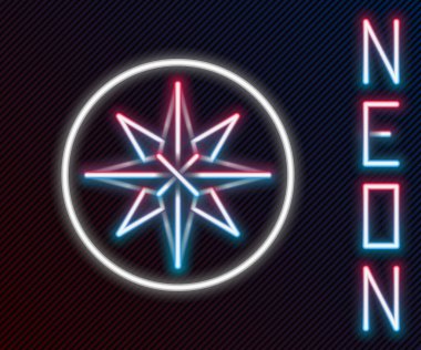 Parlayan neon çizgisi. Rüzgar simgesi siyah arkaplanda izole edilmiş. Seyahat için pusula simgesi. Navigasyon tasarımı. Renkli taslak konsepti. Vektör.