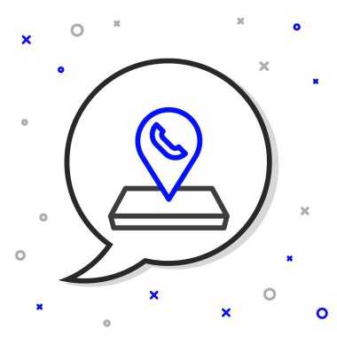 Telefon ya da iletişim simgesi içeren çizgi haritası işaretçisi beyaz arkaplanda izole edildi. Merkeze haber verin. Renkli taslak konsepti. Vektör.