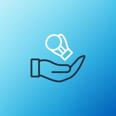 Mavi arkaplanda çizgi boks eldiveni simgesi izole edildi. Renkli taslak konsepti. Vektör.