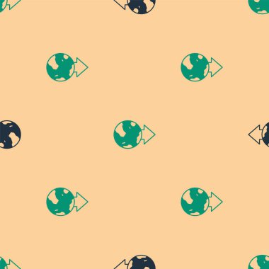 Dünya ikonundaki yeşil ve siyah konum bej arkaplandaki kusursuz deseni izole etti. Dünya ya da Dünya işareti. Vektör.