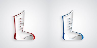 Kağıt kesiği spor ayakkabı ikonu gri arka planda izole. Güreş ayakkabıları. Kağıt sanatı tarzı. Vektör.