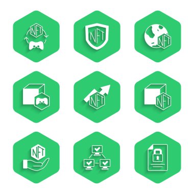 NFT büyüme çubuğu tablosu engelleme teknolojisi Belge ve Dijital şifreleme ve simgesini ayarla. Vektör.